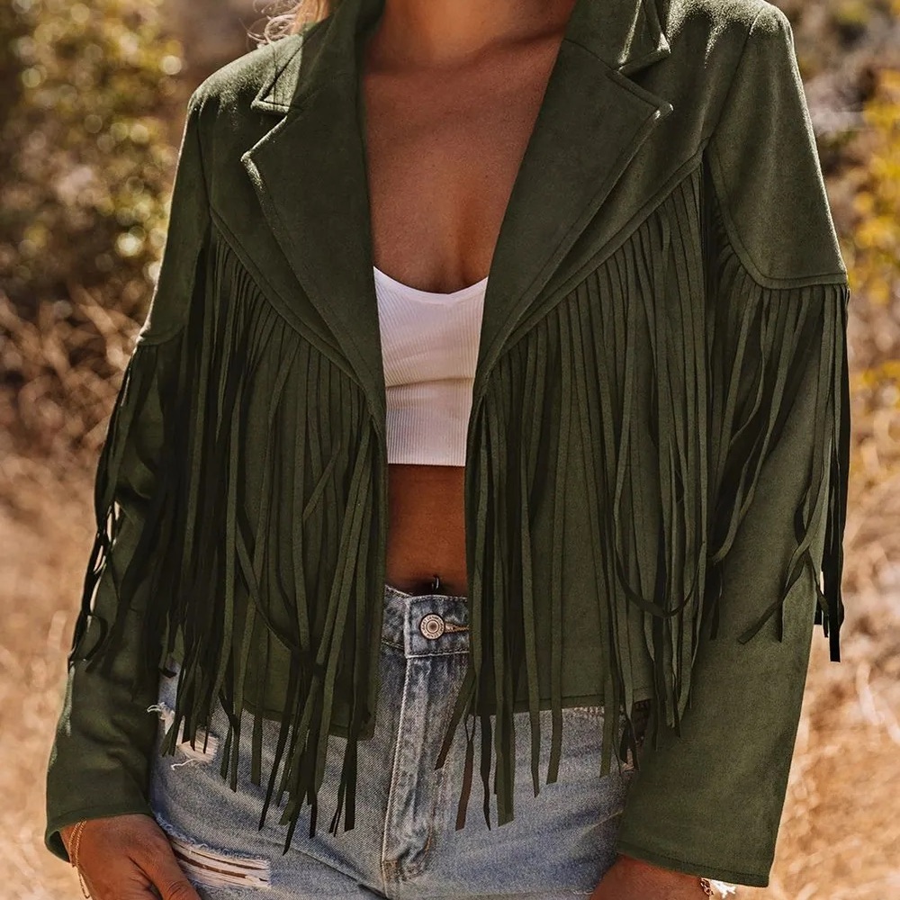 Olive Fringe Women's Jacket boho faux suede tassel blazer - Picture 5 of 10